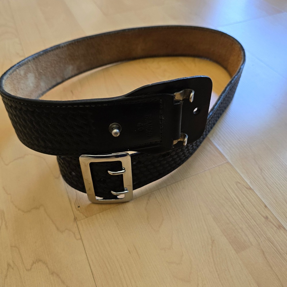 Bianchi B4 Ranger‎ Belt Black Basketweave Leather Dual Prong Buckle Size 40